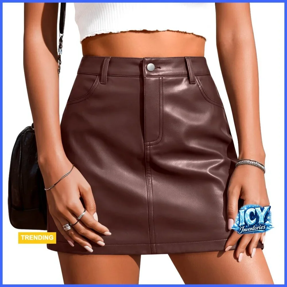 Faux Leather Mini Skirt High Waisted Bodycon Stretch Zipper Button Pockets